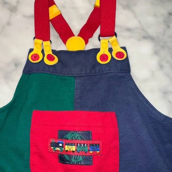 Vintage Gymboree Green and Blue Kids Overalls with Red Accents - Picture 3 of 6